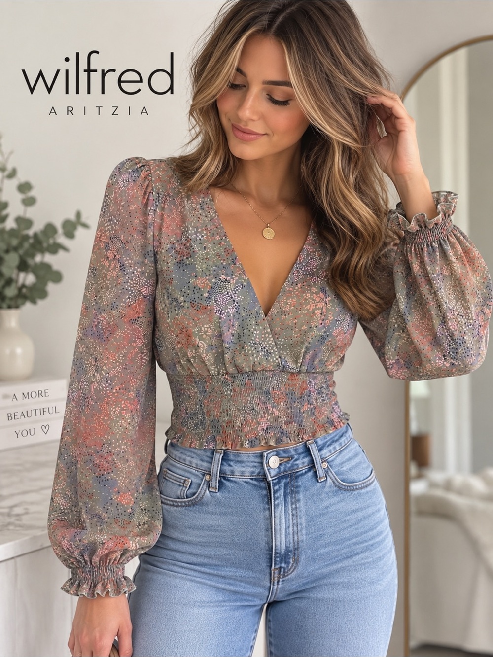 Wilfred Aritzia Wistful Floral Smocked V Neck Blouse M